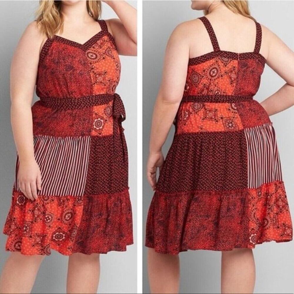 Lane Bryant Womens Red Dress‎ Patchwork Bandana Size 26 Tie Belted Waist